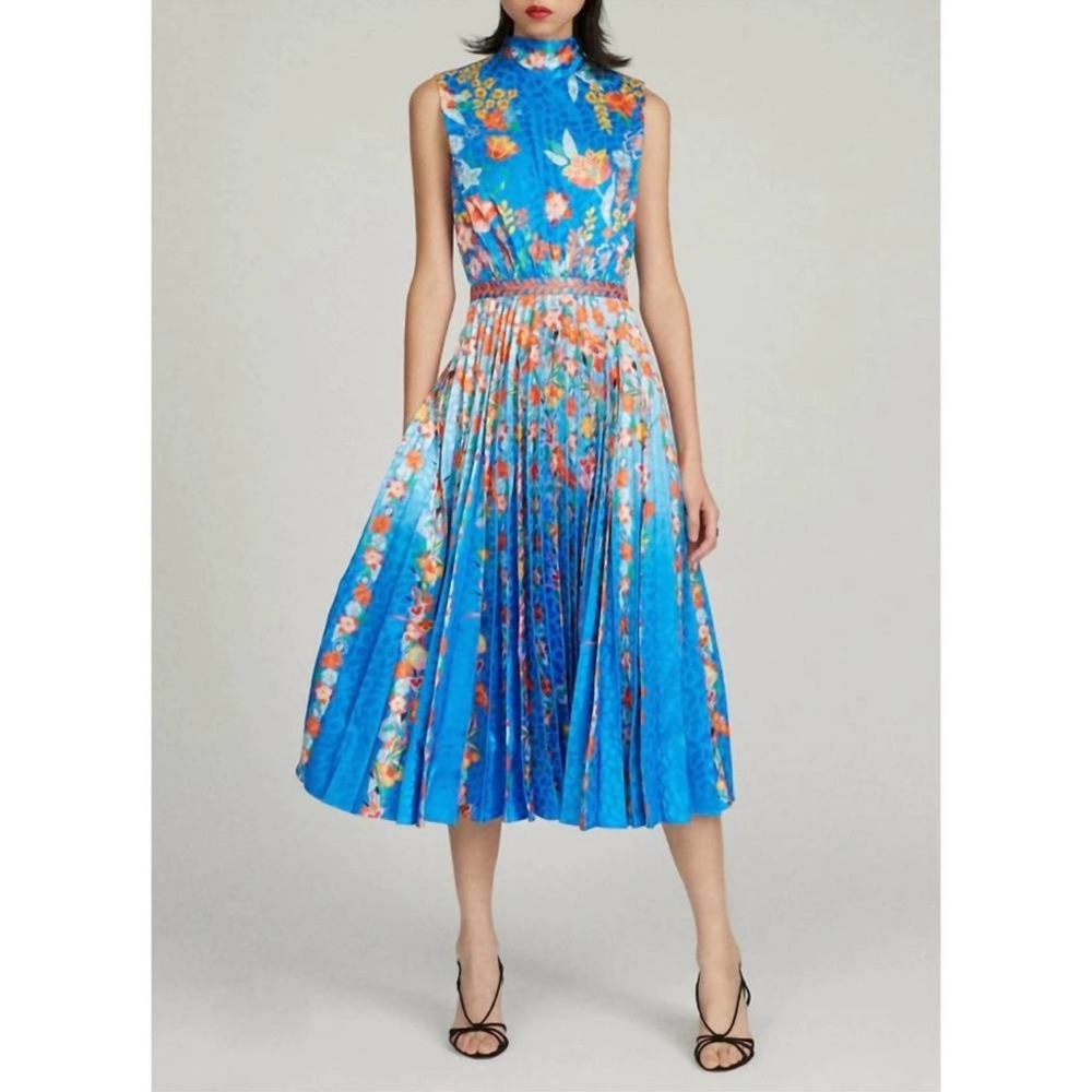 NEW SALONI fleur short sleeve pleated dress in sapphire falls